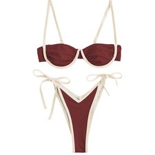 ZAful Bikini Color Block Swimsuit Two Piece String Set Ribbed Frilled M