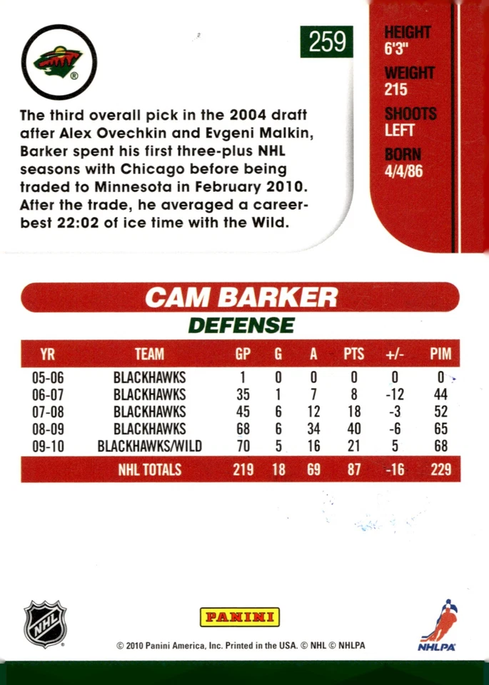 Cam Barker - Signed 2010-11 Panini Score Card #259 - Image 2 of 2