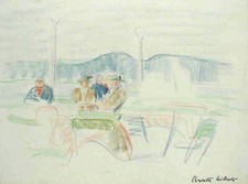 CHARLOTTE HILMER, Strandcafé No. 2 , schöne Farbzeichnung, signiert, selten