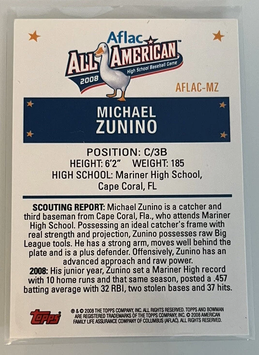 Tarjeta de novato Bowman AFLAC All American Mike Zunino 2008/225 radiocontrol autógrafo automático Foto 2 de 2