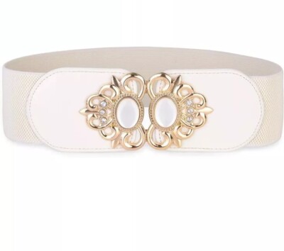 3595 Stretchy Vintage Wide Waspie Elastic Pearl Buckle Waist Belt (white White Wide Stretch Elastic Belt White Buckle Clasp - Etsy main image 3
