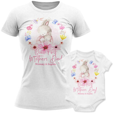 Erster Muttertag Hase T-Shirt & Strampler Set personalisiert passende Geschenke Mama