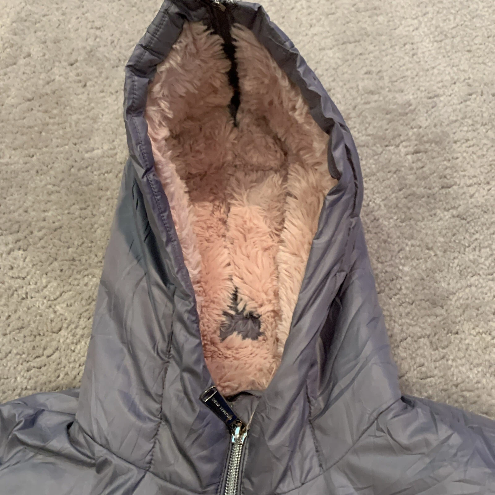 Cappotto imbottito invernale grigio Michael Kors bambina con cappuccio orlo pelliccia sintetica rosa taglia 14