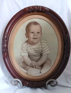 Antique 12.5" Wooden Oval Frame Ornate Portrait Infant Boy Hand Colored