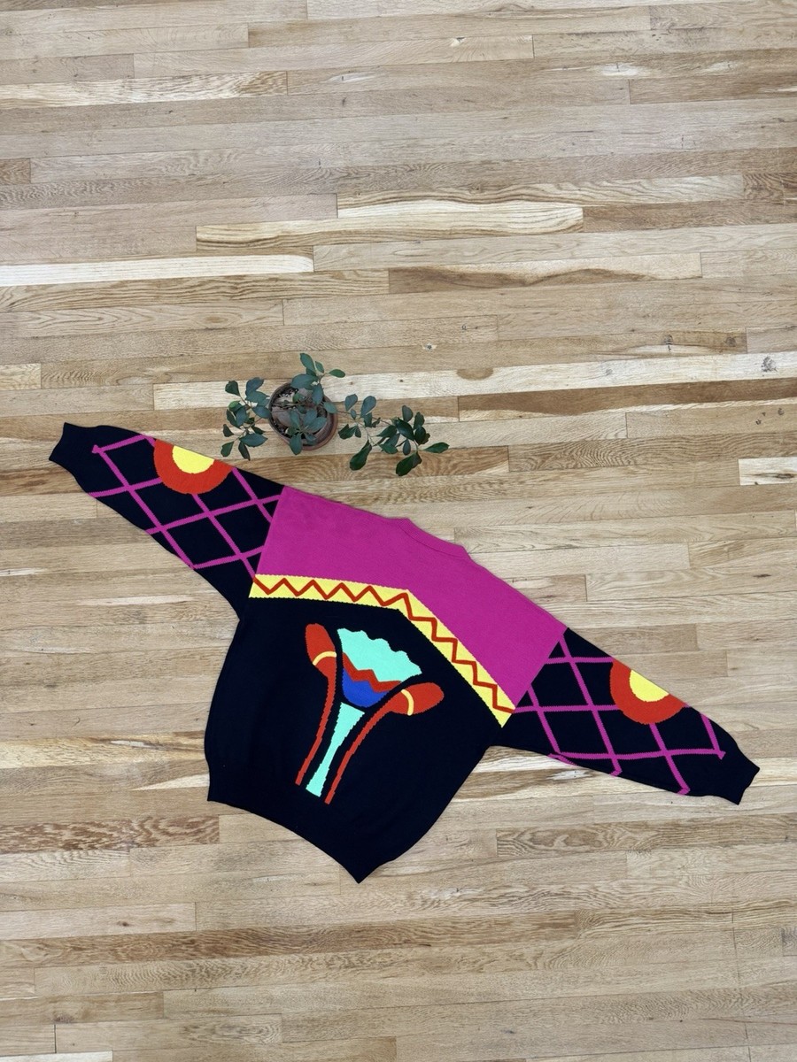 Gianni Versace 1980s Geometric Sweater Pink Black Yellow Red Blue 
