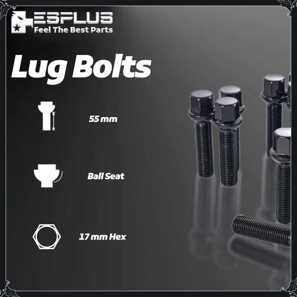 [20 piezas] Perno de tuerca negro M14X1,5 vástago de 55 mm apto para Volkswagen Polo con espaciadores de 25-29 mm Foto 3 de 4