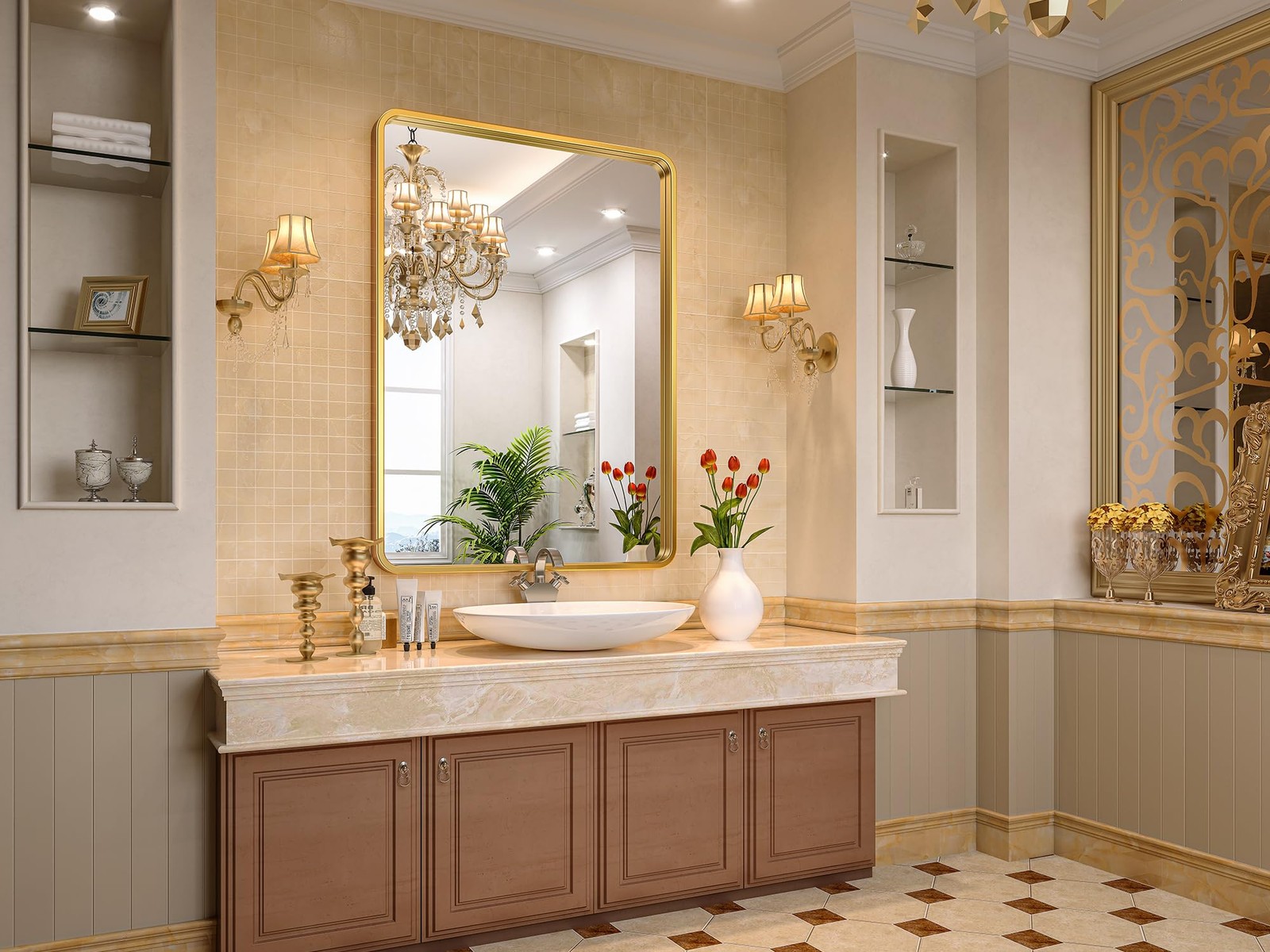 Gold Bathroom Mirror for Wall, 22x30 Inch Rectangular Gold Metal Framed Mirro...