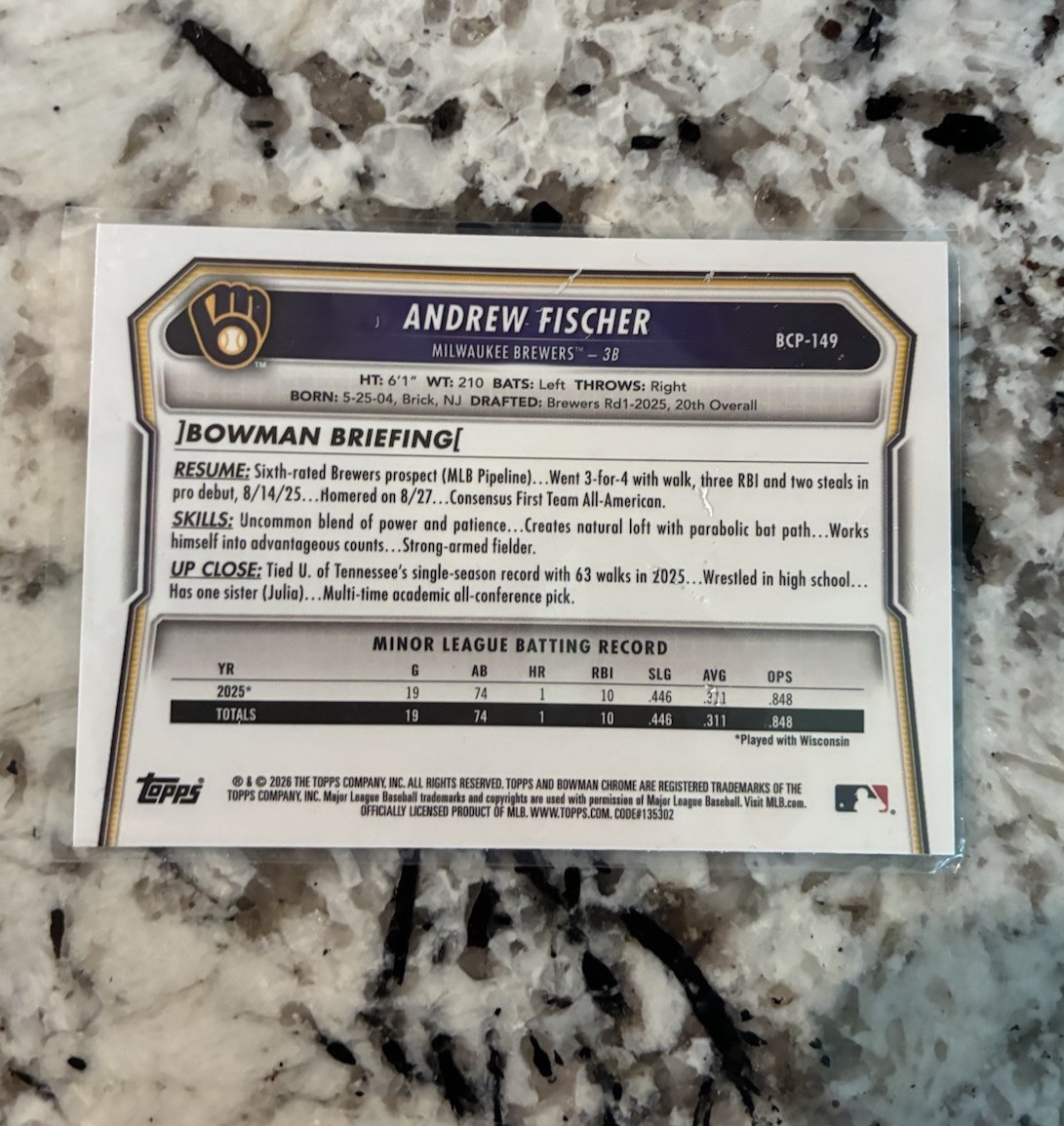2026 Bowman Chrome Prospects Andrew Fischer Signed 1st Chrome Brewers Auto view 2