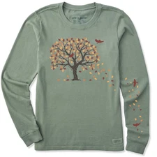 Life is Good. Women's Autumn Tree Leaves Long Sleeve Crusher Tee, Moss Green
