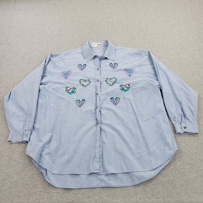 Casey Coleman Shirt Womens 3X Blue Heart Embroidery Top Long Sleeve