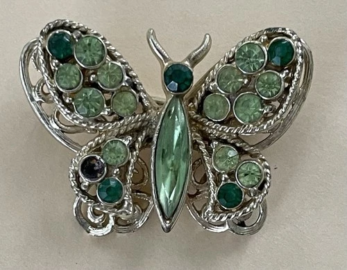 Vintage Coro Gold Tone And Green Rhinestone Butterfly Costume Jewelry Brooch