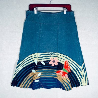Vintage Cottagecore Skirt Womens L Blue Floral Embroidered Midi Rainbow Boho