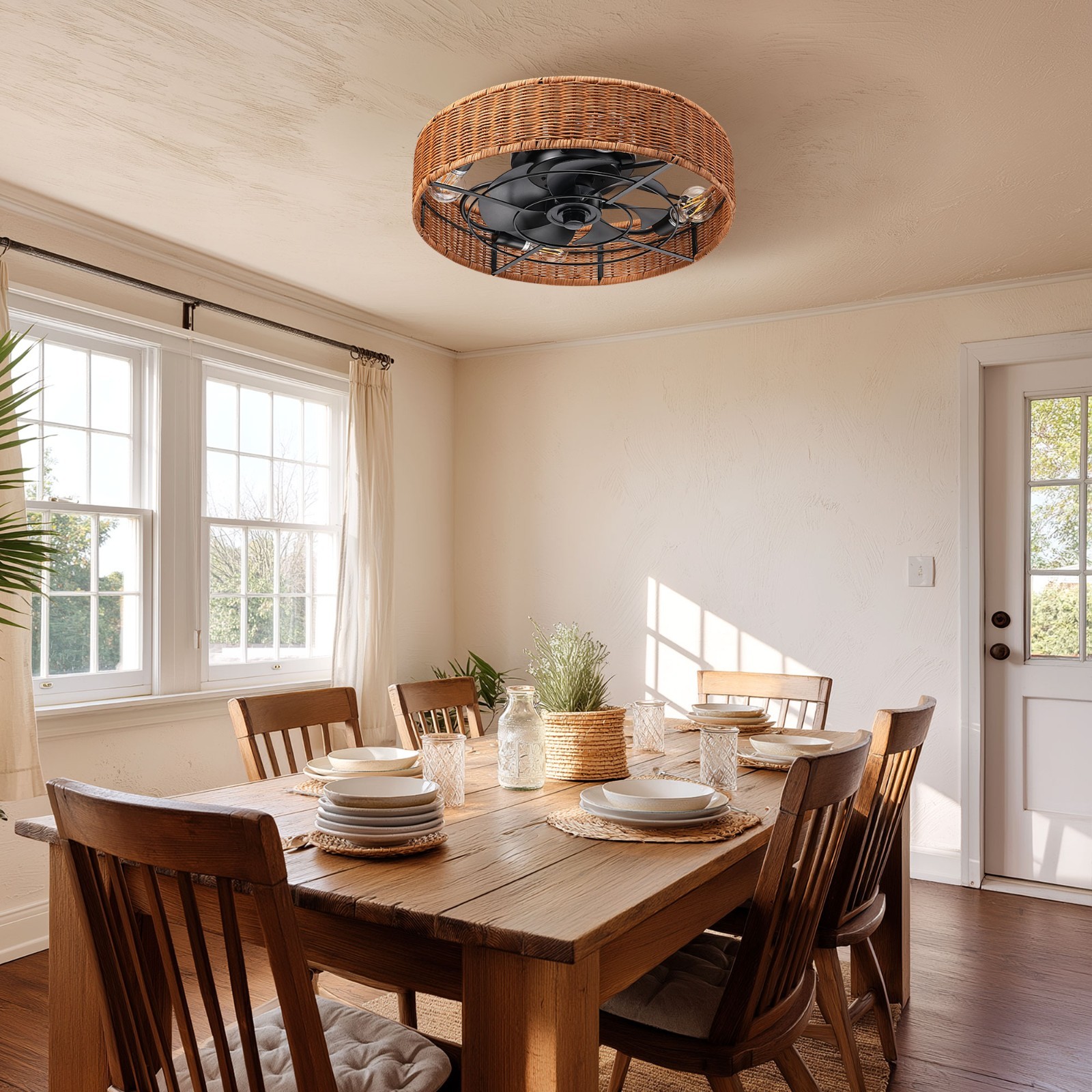 EDISHINE 19.7''Rattan Ceiling Fan With Light And Remote Control Included,Outdoor