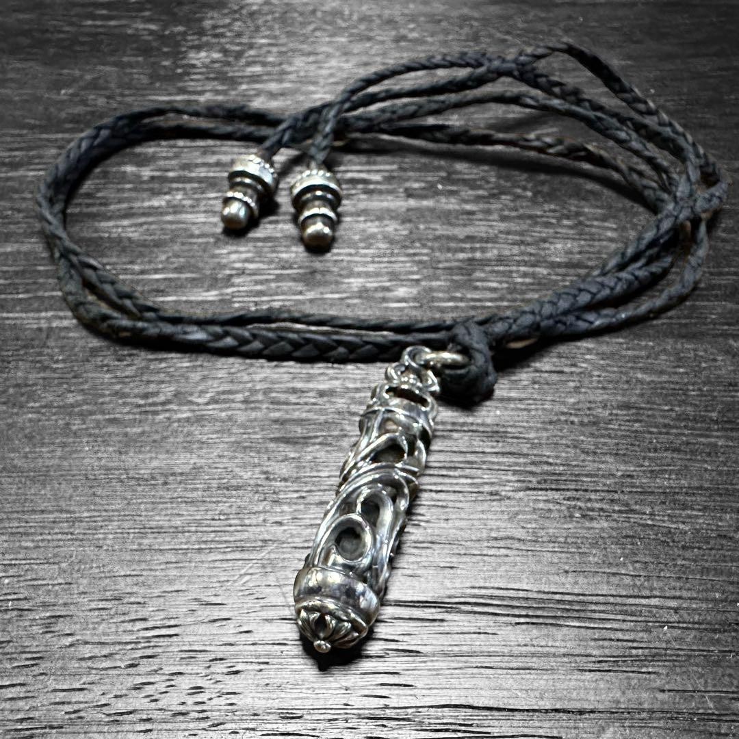 Chrome Hearts Silver Roller Pendant Leather Shoe Lace Stopper Used