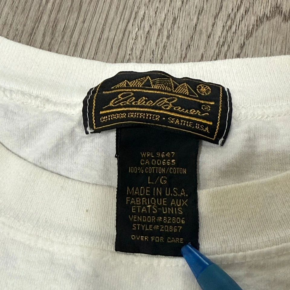 Camiseta Gráfica Exterior Eddie Bauer Vintage Años 90 Grande Blanca Manga Corta Hecha en EE. UU. Foto 3 de 4