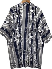 Vintage Cotton Kimono Robe 42 Bamboo Pattern Blue Pocket Open