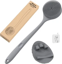 Silicone Back Scrubber Bath Glove Set Exfoliating Body Shower Brush Gray