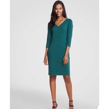 Ann Taylor VNeck Sheath Dress Sleeve Solid Emerald Green Business Casual Size 00