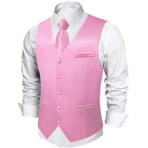  Mens Satin Suit Vest and Tie Set 8PCS Solid Waistcoat and Bowtie X-Large Pink - Image 3 of 4