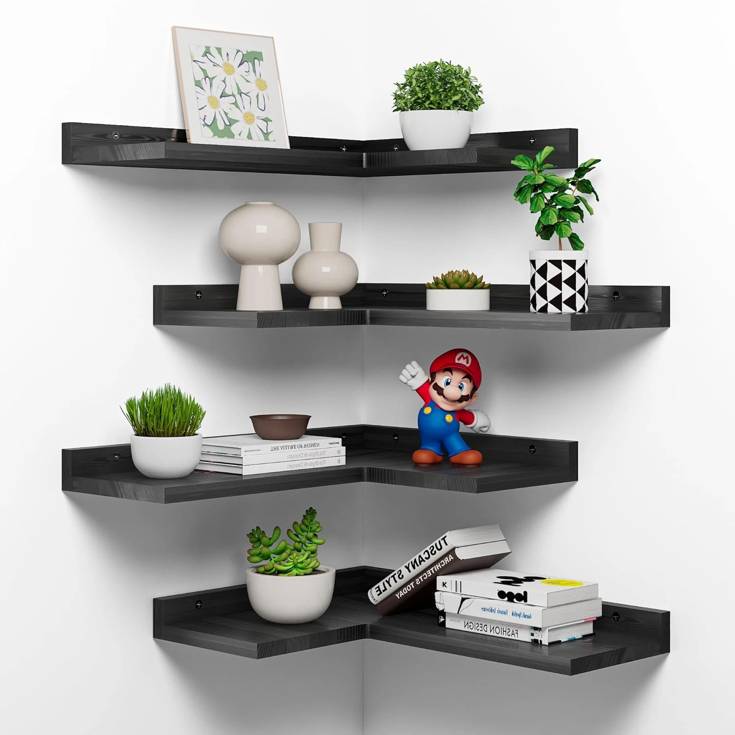 Rustic 4-Tier Corner Floating Shelves - Stylish Wall Storage for Any Room