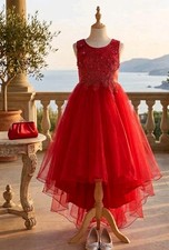 Red Tulle Sequins Kids High Low Flower Girl Dress Wedding Pageant Party Size 10