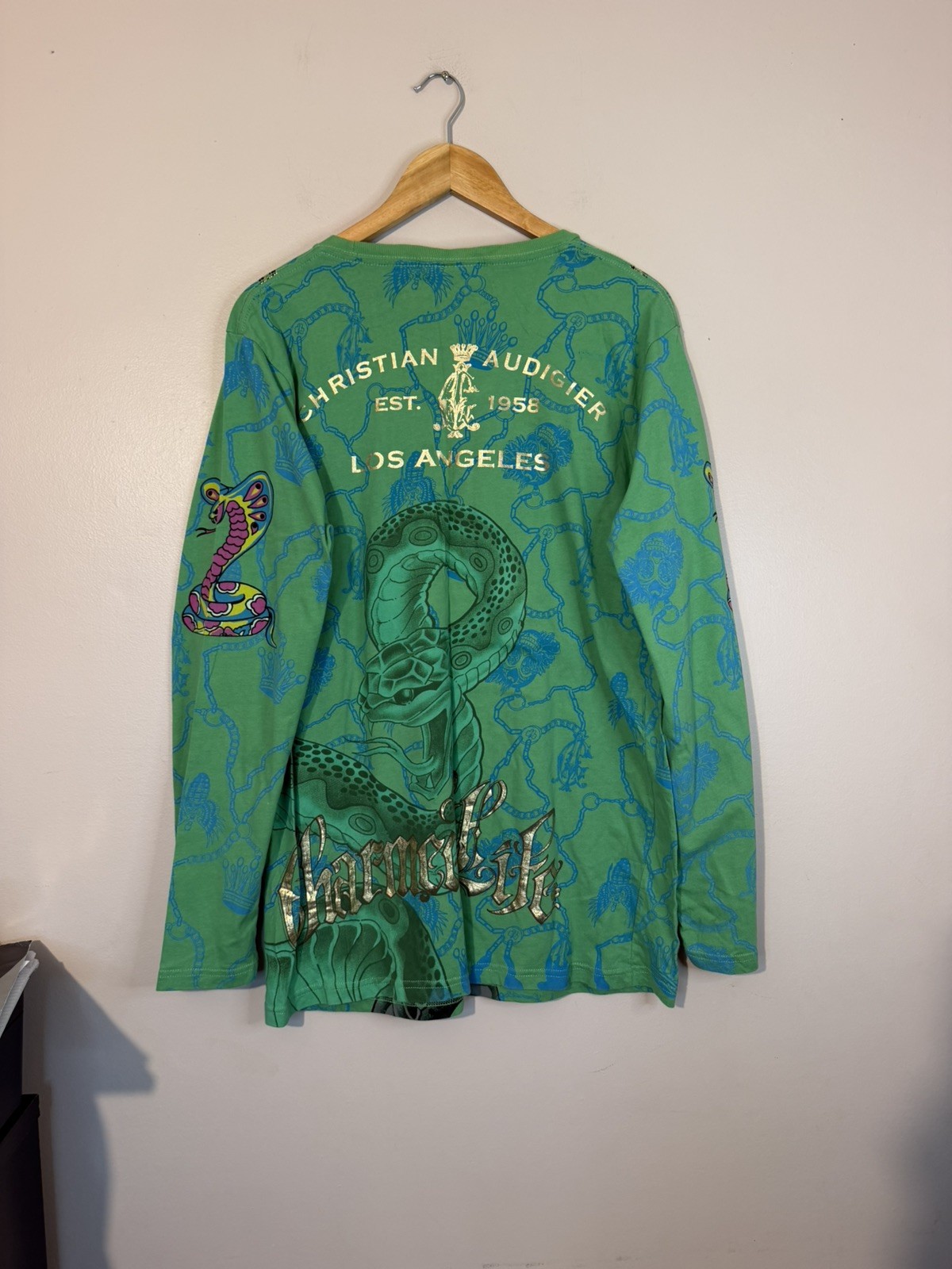 RARE Vintage Y2K Christian Audigier Shirt Mens Snake Print Chain L/ Womens XL image 8