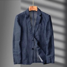 Navy Blue Linen Blazer Men Summer Casual Suit Single Jacket Casual Spring Summer