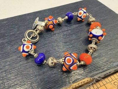 NWT Artisan Handmade Bracelet Silver Orange White Blue Glass Beads OOAK 9 