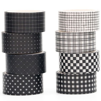 YUBX Black Grid Washi Tape Set 8 Rolls Plaid Decorative 3/4'' x 16', 