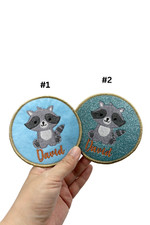 Custom Glittered and Felted Iron-on Baby Racoon Name Tag Patch
