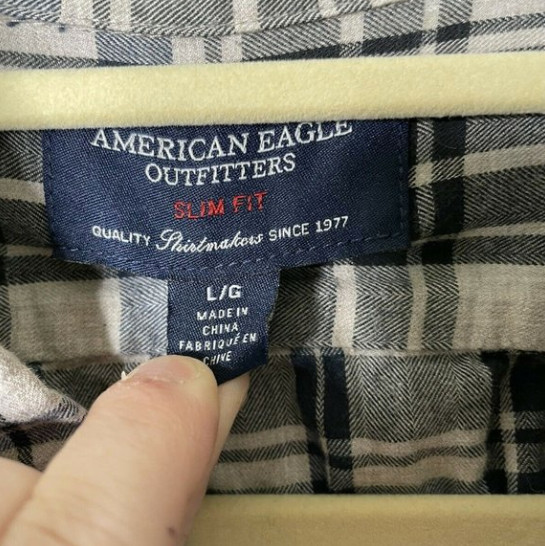 American Eagle Beige/Blue Plaid Button Front Larg… - image 3