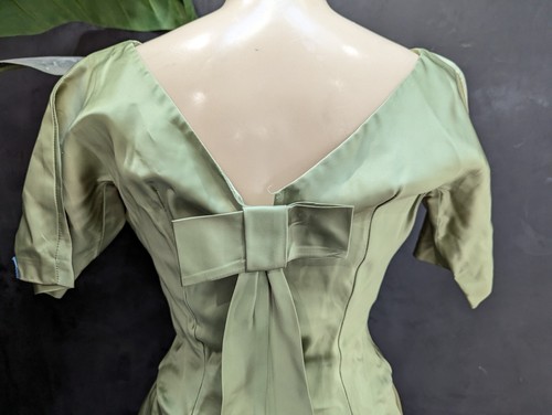 Vintage 1950s Lorrie Deb Moss Green Satin Party Dress Back Bow Fit n Flare Sz 11 - Picture 5 of 12