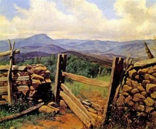 AMERICAN LANDSCAPE MOUNTAINS SPLIT RAIL FENCE PAINTING BY HENRY MOSLER REPRO
