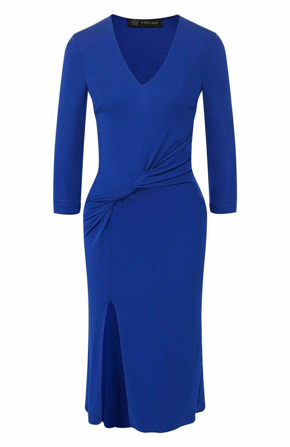 Abito VERSACE Prima Linea Blu Twist Drappeggiato LOGO BOTTONE Manica 3 4 Elasticizzato Taglia52