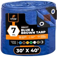 Xpose Safety 30’ x 40’ Heavy Blue/Brown Tarp - Waterproof Tarp - 7 Mil
