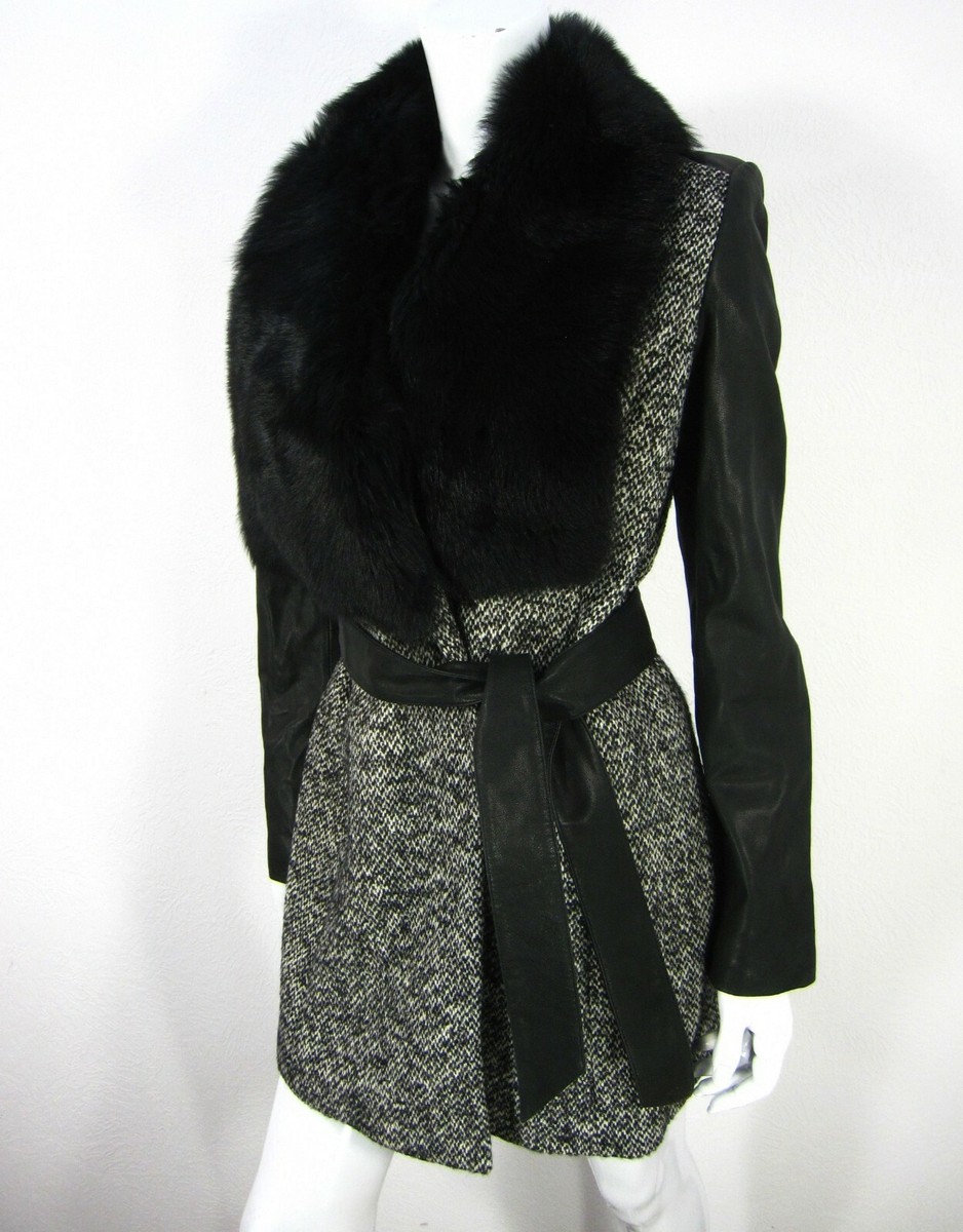 Badgley Mischka Collection Faux Fur Leather Sleeve Tweed Coat M - Main Image