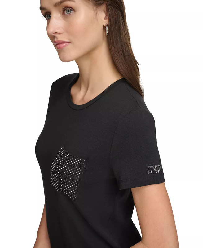DKNY Women's Studded Pocket Logo Short-Sleeve Black Shirt Sz M 