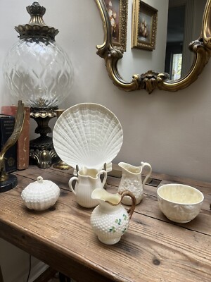 Belleek Konvolut Muschelteller, Milchkännchen Zuckerdose, 2. Periode 3. Periode