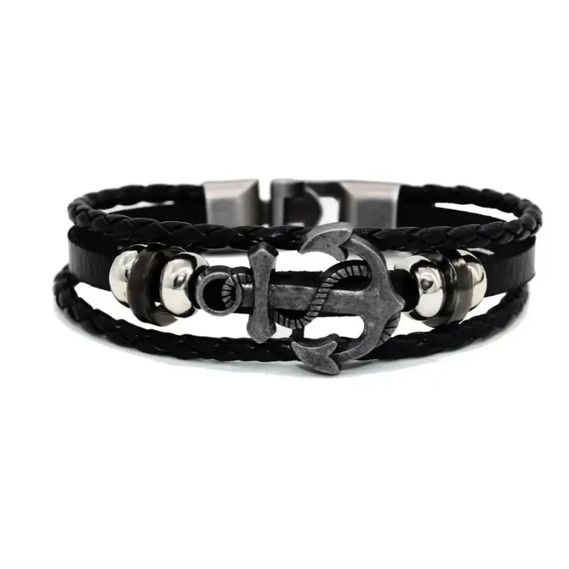 Armband Schmuck Schwarz Herren Mann Männer Leder Mode Lederarmband Style Anker - Bild 3 von 3