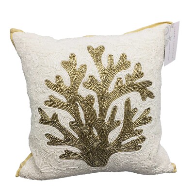 Coastal Collection White Gold Coral Beaded Pillow Beach Ocean Decor Summer  14