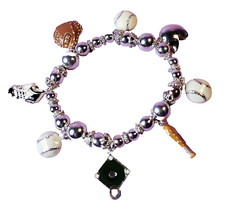 Pulsera con dije de tema de béisbol brillante guante plateado botín casco bate pelota elástica