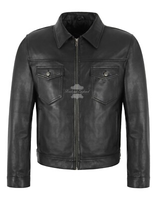 Herren Trucker Reißverschluss vorne Lederjacke klassisch Kragen lässig Denim Look Reynold