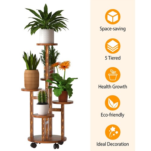 5 Tier Plant Stand w/ 4 Wheels Wooden Plant Pot Rolling Shelf Plant