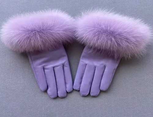 Guanti In Pelle E Pelliccia Naturale Colore Grigio Scuro - Foto 10 di 24