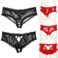 Mens Underwear Wet Look Briefs Hollow Out Underpants Patent Leather Lingerie