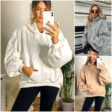 Ladies Womens Oversized Fleeced Sweatshirt Ruched Long Sleeve Hoodie Top  