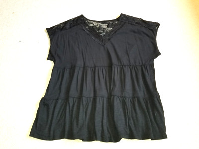Womens Top-TORRID-black  knit tiered lace trim V-neck ss whimsigoth-4 (4X)
