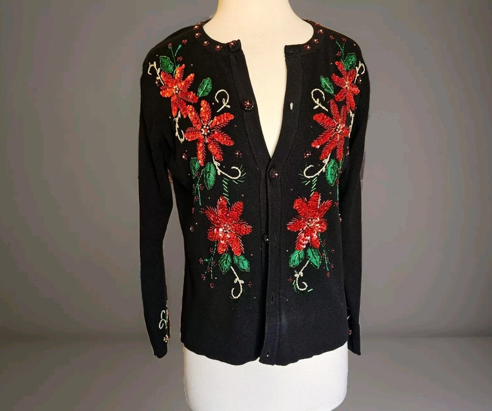 Cárdigan Suéter Feo Navidad De Colección Kikit Grande Negro Cuentas Vacaciones de Pascua Foto 2 de 4