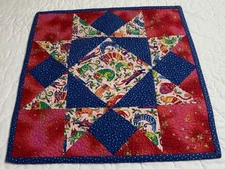 Patchwork Quilt Table Topper, Laurel Burch Kitty Prints, Star, Vivid Colors