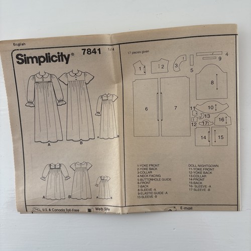 SimplicityPattern 7841 Girls' and 18" Doll Nightgown Sizes7-8-10 Uncut& Complete - Picture 7 of 9